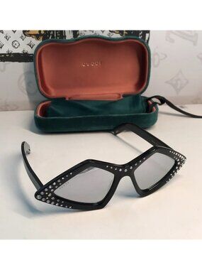 New GUCCI Sunglasses Black Cat Eye Round Red Green Web Arms Gold GG Gucci New Pop Web 52MM Cat-Eye Sunglasses | Saks Fifth Avenue main image 4
